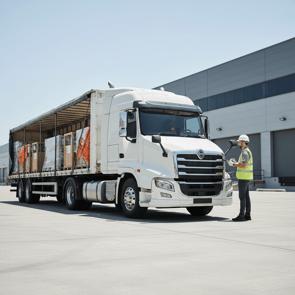 Modern cargo truck with logistics worker conducting pre-transport inspection