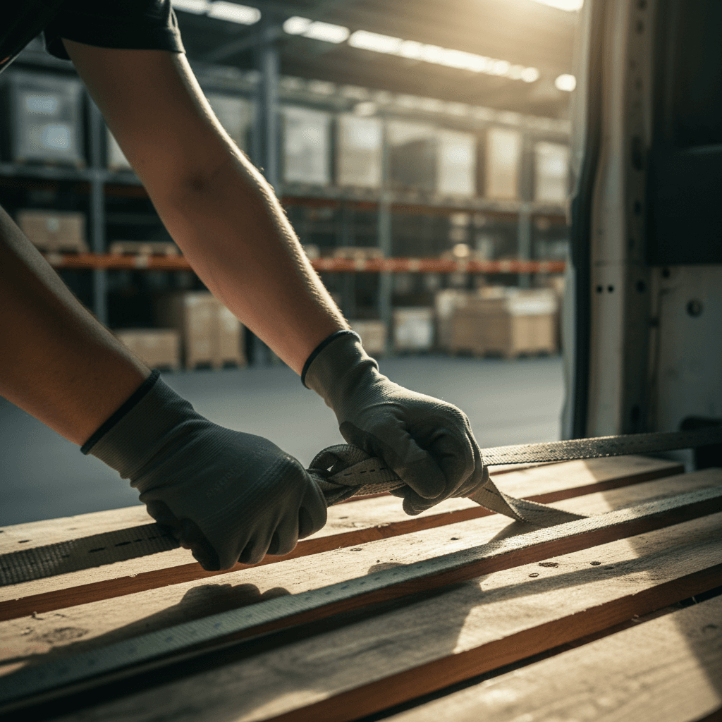 Freight handler securing cargo with precision straps