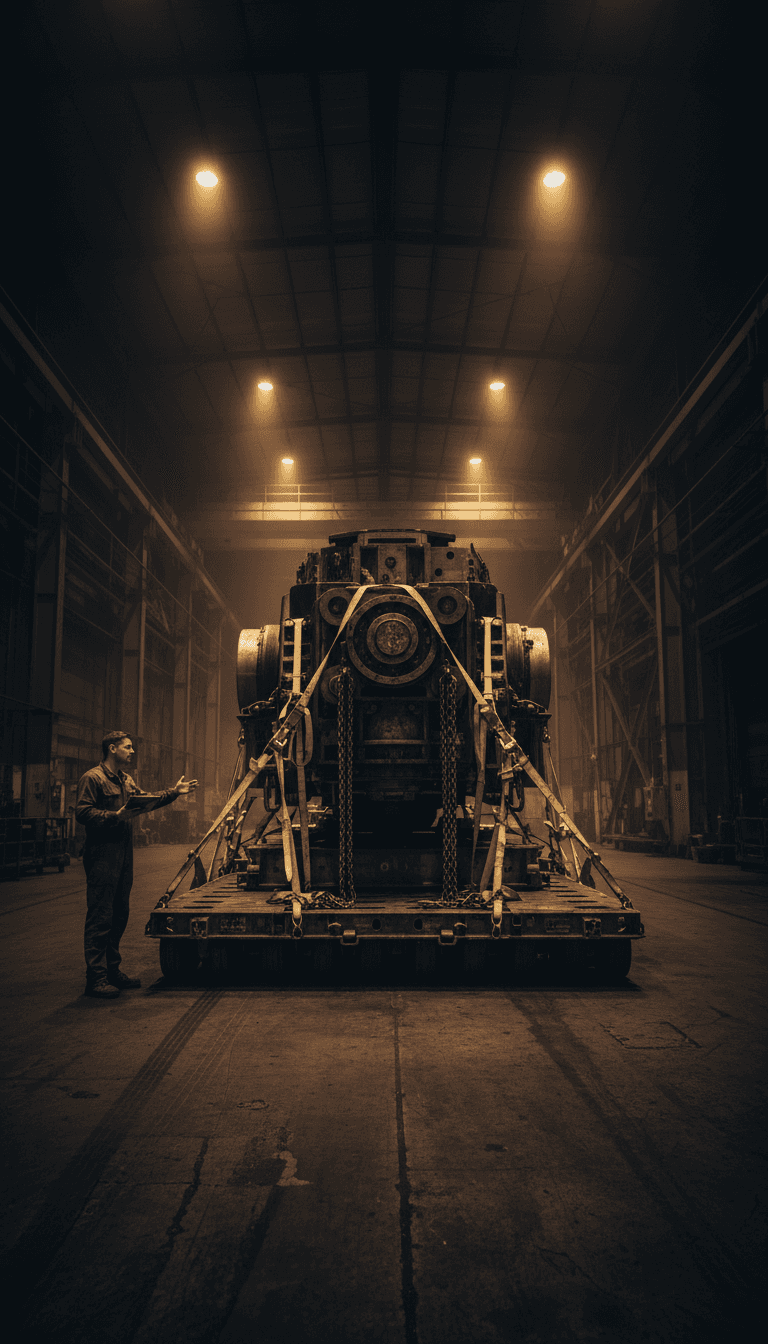 Specialized heavy equipment secured for transport with expert rigging