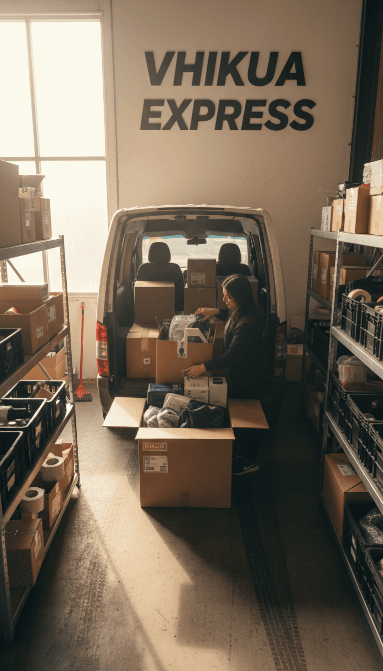 Careful packing of cargo van express shipment with precise arrangement