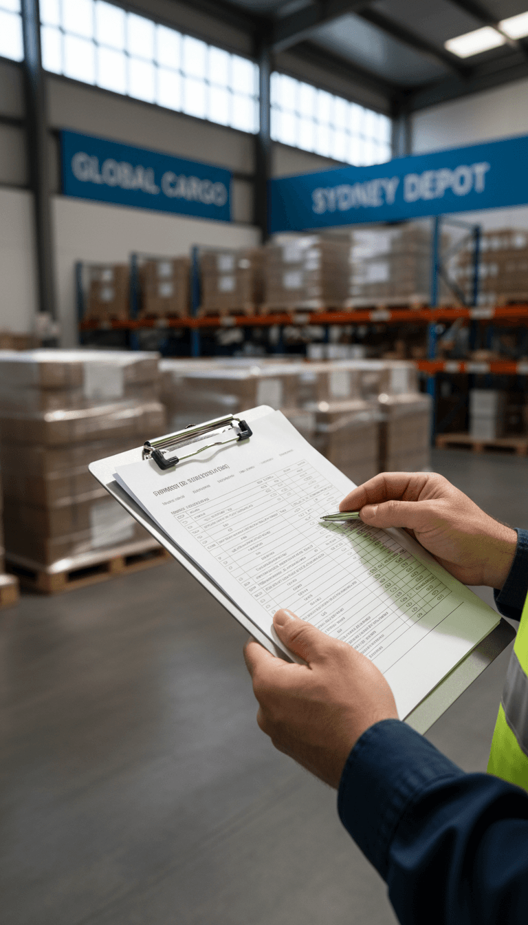 Logistics coordinator reviewing detailed shipment specifications on clipboard