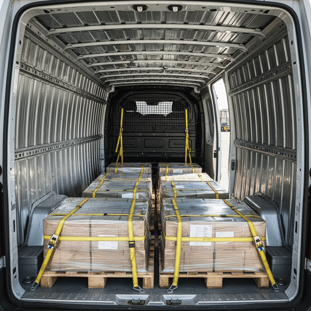 Professional cargo van interior with organized freight storage