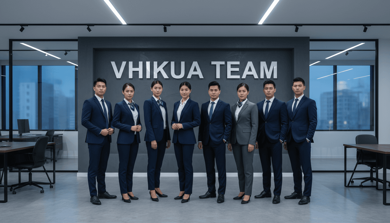VHIKUA team in professional setting with navy and slate grey background.