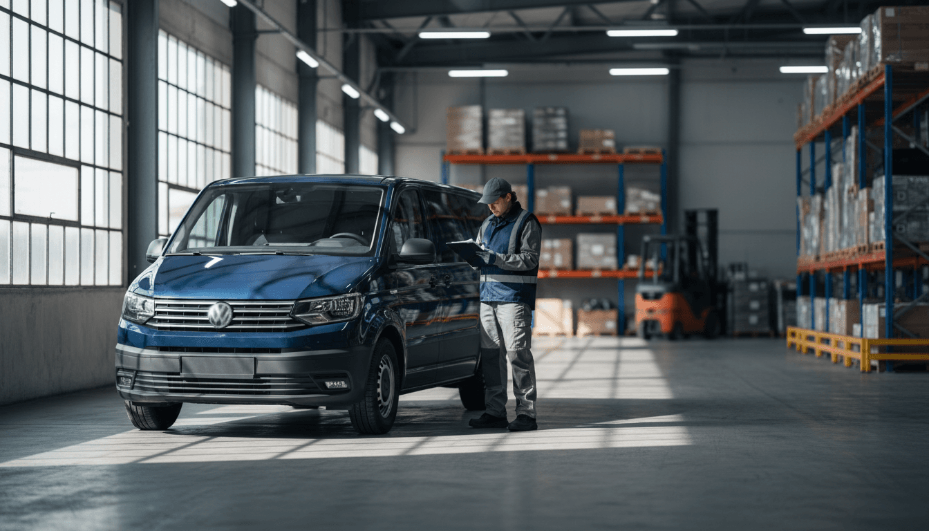 Professional logistics specialist conducting shipment review beside modern cargo van in warehouse facility