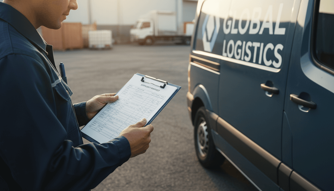 VHIKUA logistics specialist reviewing shipment specifications with cargo van in background