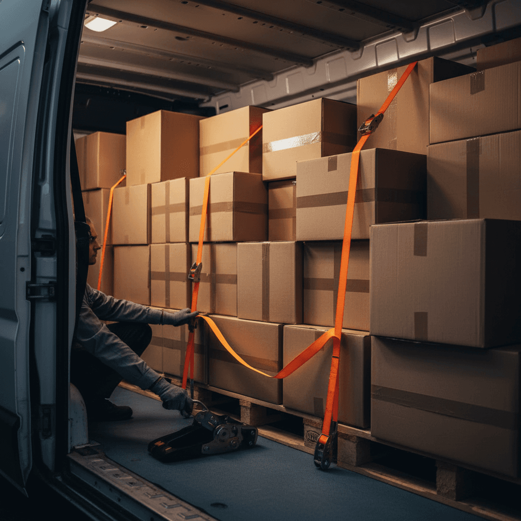 Secured cargo packages inside van with worker adjusting straps