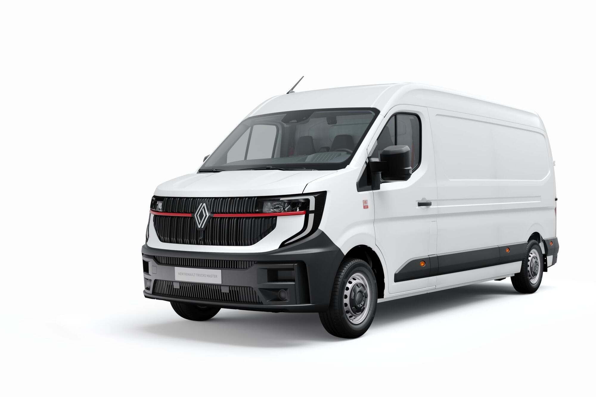 White Renault Master commercial van with a black grille and red horizontal accent line.